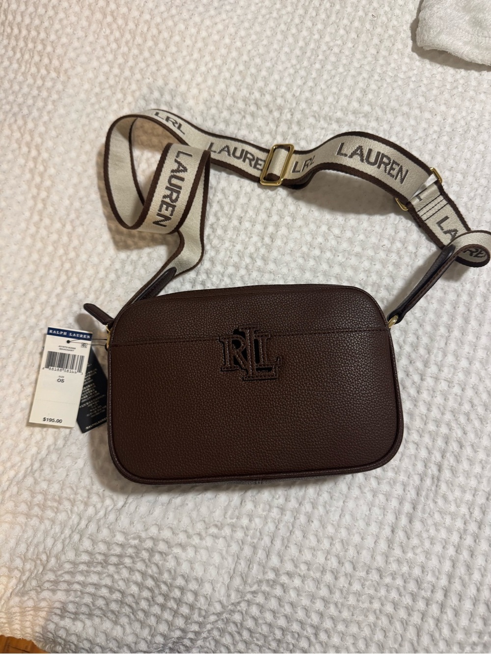 NWT Ralph Lauren Dark Brown Pebbled Leather Messenger with Branded Canvas Strap